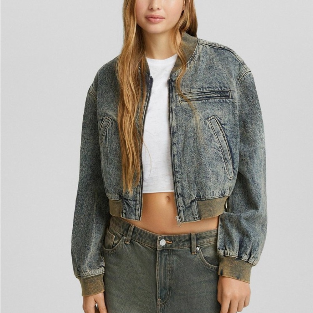 Bershka Cropped Denim Bomber Jacket